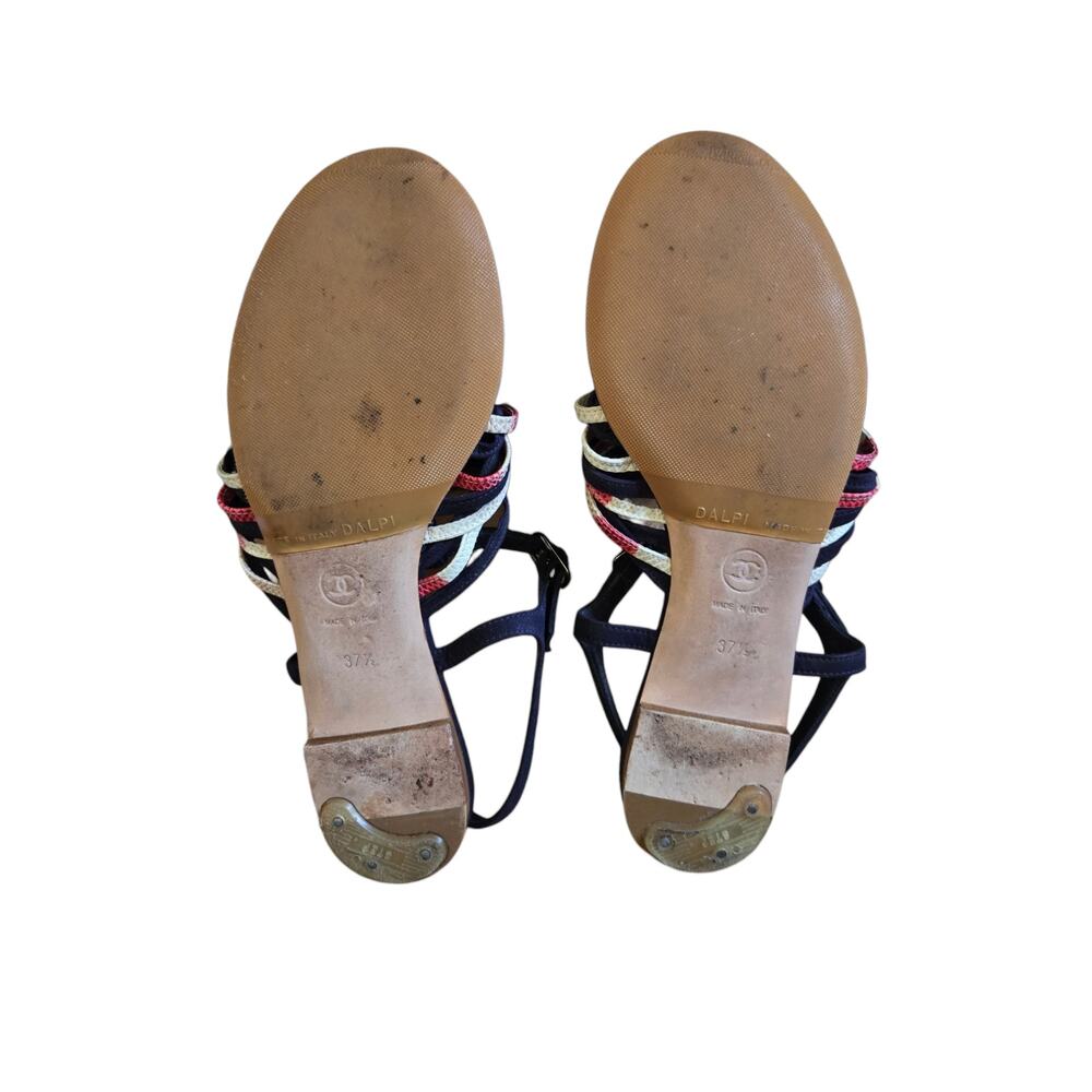 Chanel Interlocking CC Pearl Logo 2011 Dark Navy Blue Gladiator Sandals 37.5 - Picture 8 of 10